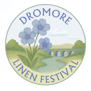 Dromore Linen Festival Logo with flowers and a landscape featuring a bridge and stream
