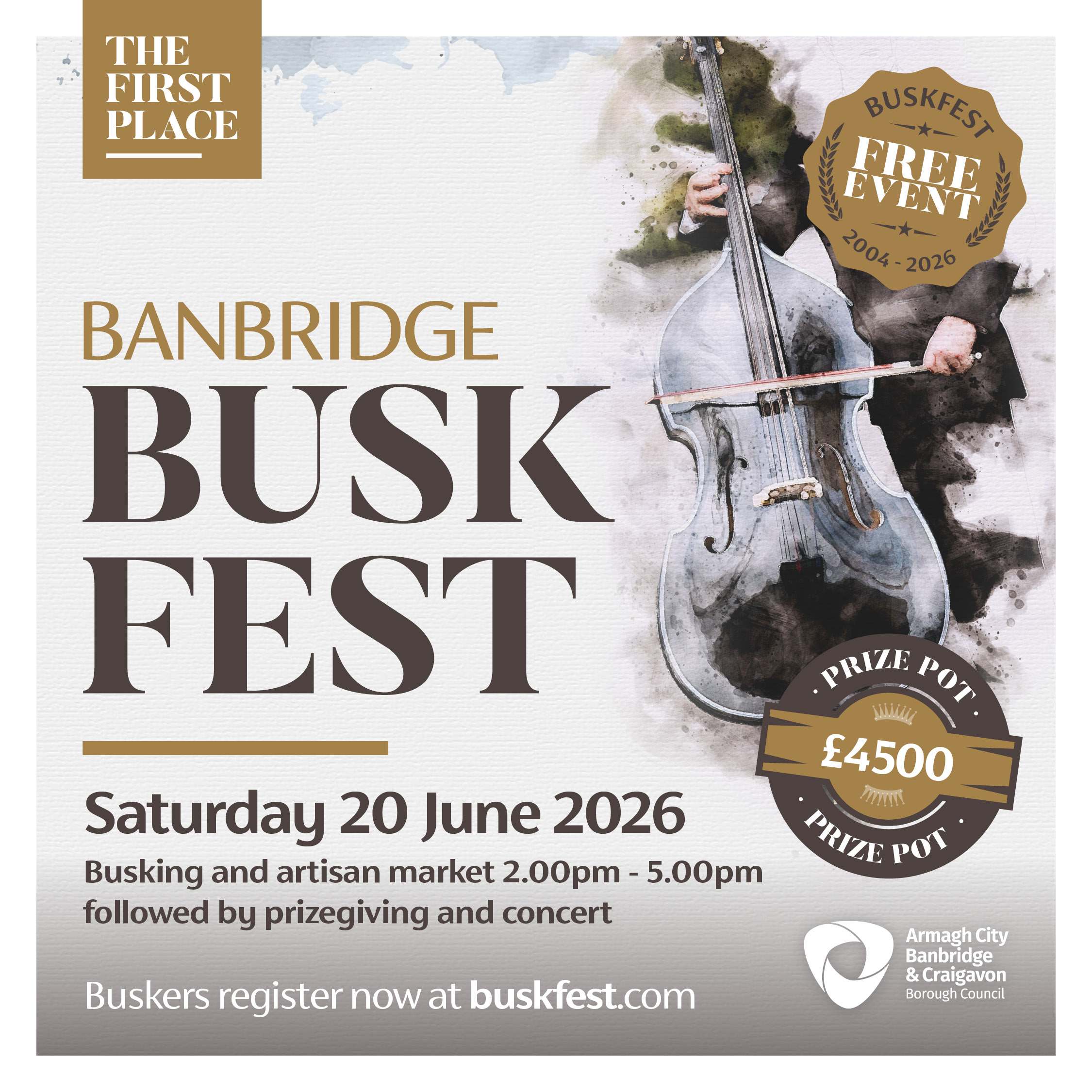 BUSKFEST 2026 Graphic for Banbridge Buskfest 2026. Event details: Saturday 20 June 2026, with busking and artisan market from 2.00pm to 5.00pm, followed by prizegiving and concert.