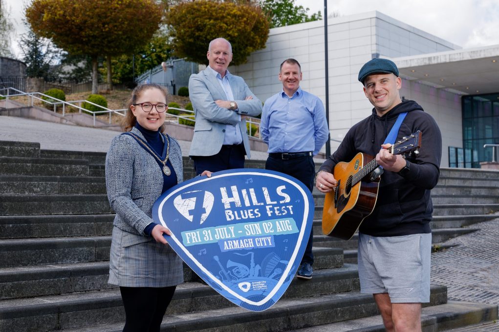 7 Hills Blues Fest Launch 2026 7 Hills Blues Fest 2026 Launch Photo. Featured in photo from left to right: Deputy Lord Mayor, Councillor Jessica Johnston, Art O’Hagan MBE, Chair of Armagh City Centre Management, Tony McKeown, Events Officer, ACBCBC and Marty Rafferty, Marty Rafferty Music.