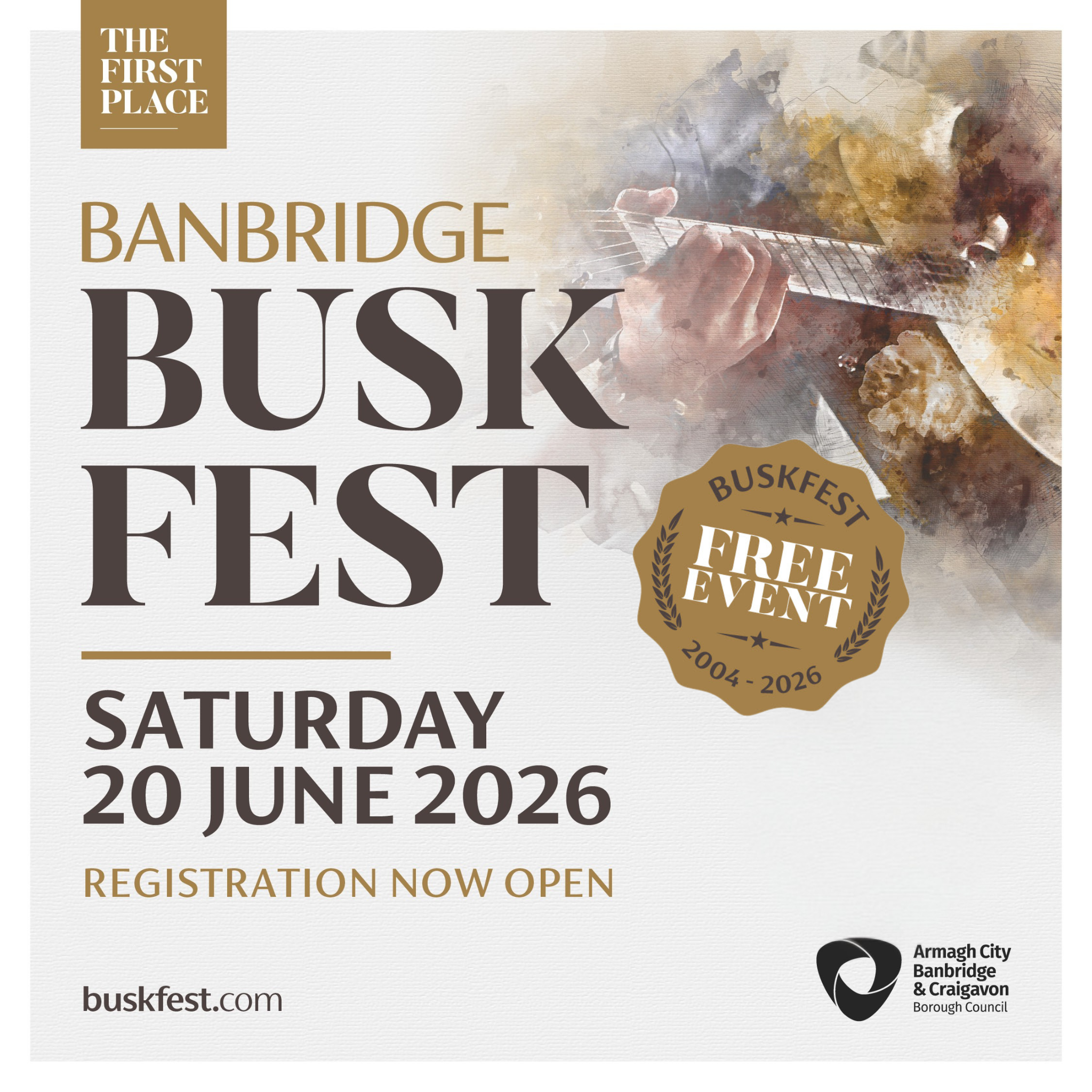 Buskfest Registration 2026 Poster promoting Banbridge BuskFest 2026 with a painted image of a musician playing guitar. Text highlights a free event on Saturday 20 June 2026 and that registration is now open.