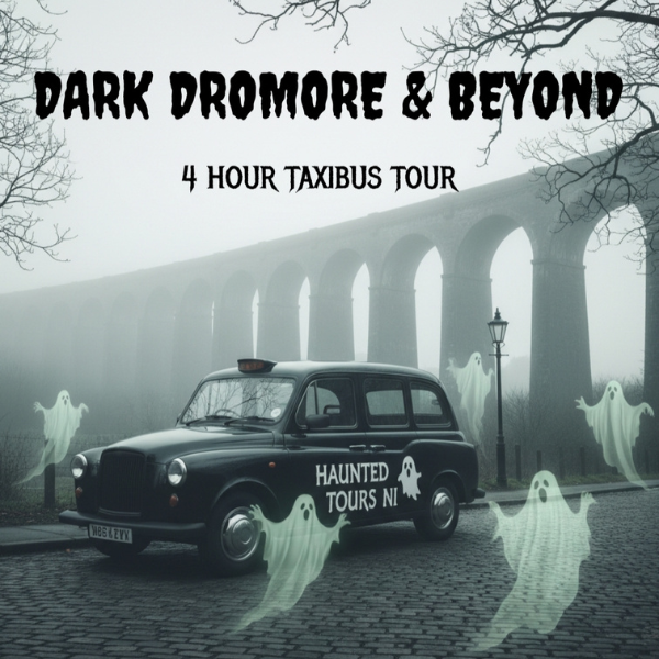 Poster for “Dark Dromore & Beyond” haunted taxibus tour showing a black taxi, ghost figures and a misty viaduct.