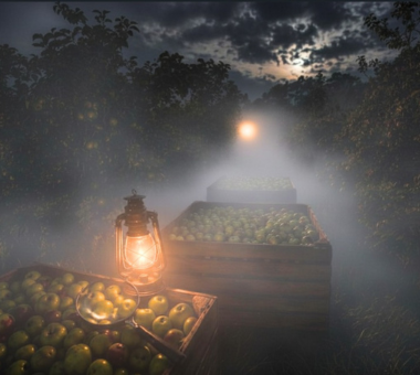 Wooden crates filled with apples in a misty orchard at night, lit by a lantern and distant light.