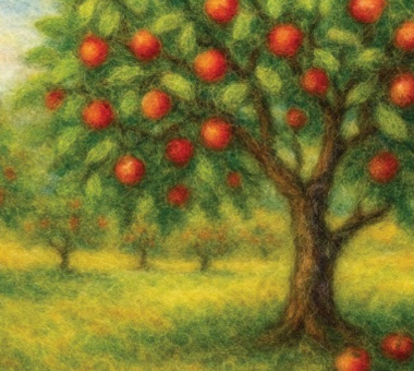 Illustrated apple orchard with red apples on trees, rendered in a soft, felted art style.