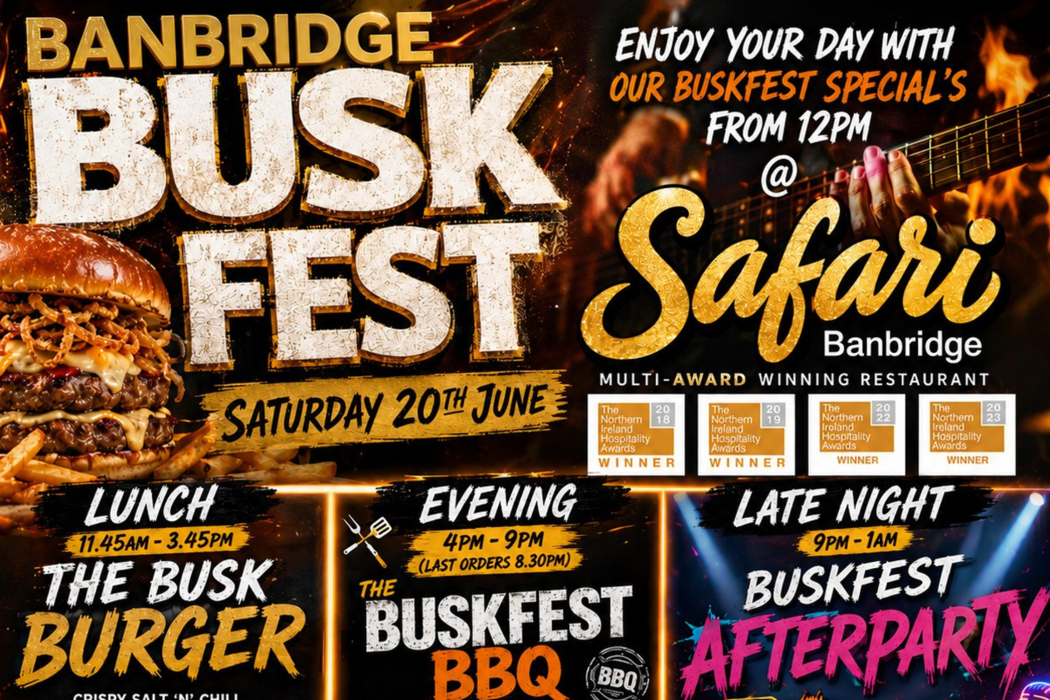 Safari Grill Buskfest Offer Promotional poster for Banbridge BuskFest at Safari Grill advertising food specials, including a burger, BBQ, and afterparty, with timings for lunch, evening, and late night on Saturday 20th June.