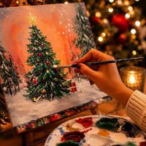 Paintbrush in hand painting a festive canvas