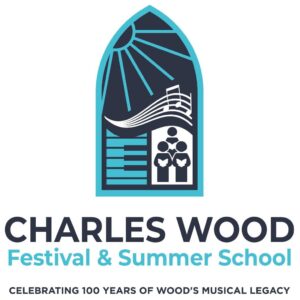 Logo for the Charles Wood Festival & Summer School, featuring a stylised stained-glass window design with musical notes, piano keys and a choir, alongside the text “Celebrating 100 Years of Wood’s Musical Legacy”.