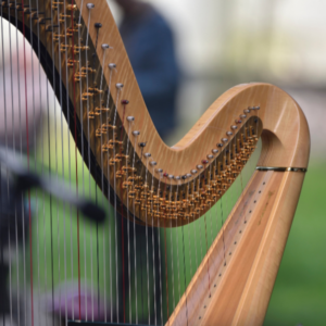 Harp displayed outdoors during the Armagh Georgian Festival, with its strings and polished wooden frame in sharp focus.