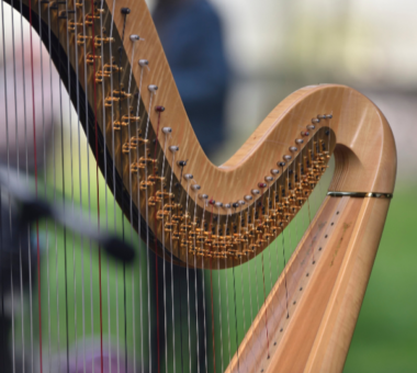 Harp displayed outdoors during the Armagh Georgian Festival, with its strings and polished wooden frame in sharp focus.