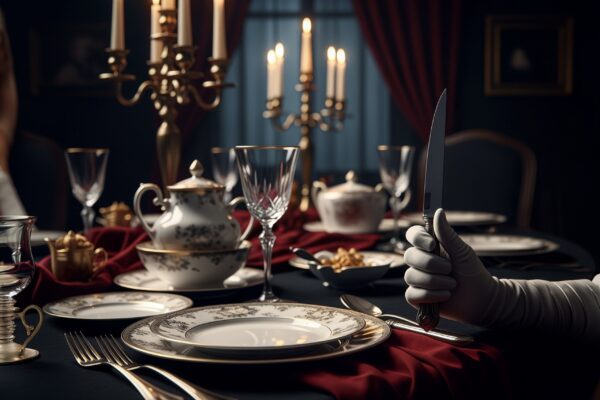 Deadly Dining Atmospheric dining table set with fine china, crystal glasses and candlelight, while a gloved hand holds a knife, creating a mysterious scene for Deadly Dining