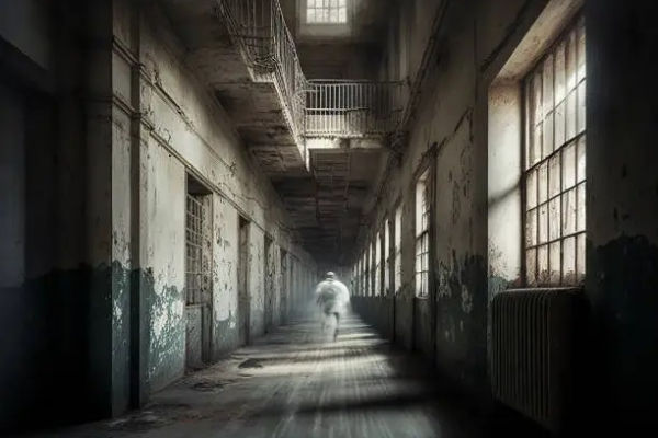 Ghost Tours - Unlocking the Gaol Atmospheric image of a ghostly figure walking down a dimly lit corridor