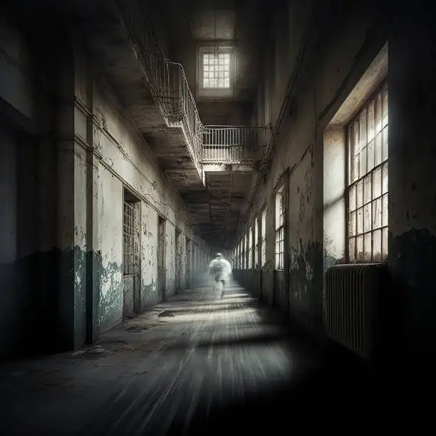 Atmospheric image of a ghostly figure walking down a dimly lit corridor