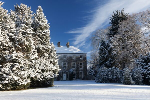 NewForgeHouse Newforge House, a historic Georgian house, surrounded by snow-covered trees and gardens under a clear blue winter sky.