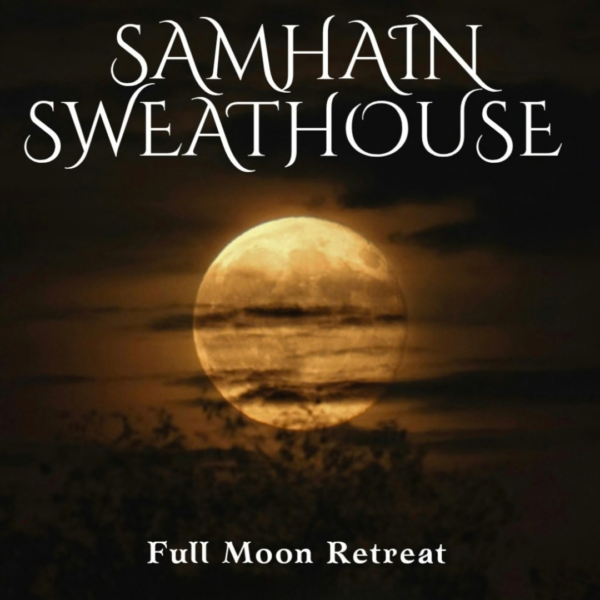 Hot Rocks - Samhain Sweathouse Promotional graphic for the Samhain Sweathouse Full Moon Retreat at Hot Rocks Sauna, featuring a full moon shining through clouds against a dark night sky.