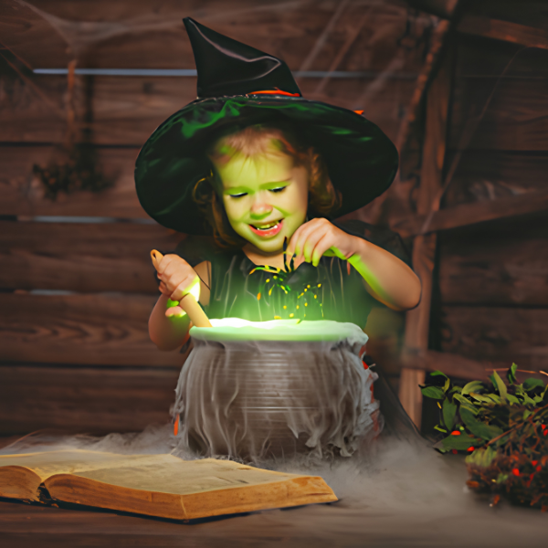 Child dressed in a witch costume stirring a glowing cauldron during the Little Spooks Halloween experience at Navan Centre & Fort.